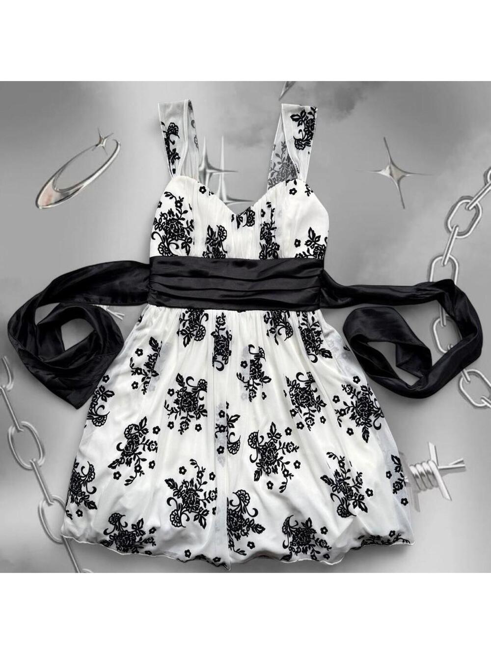 Y2K Gothic Floral Babydoll Mini Dress Trixxi Black White S